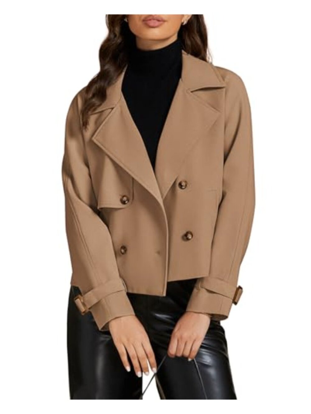 Cropped Trench Coat Women Long Sleeve Double Breasted Notched Lapel Pockets